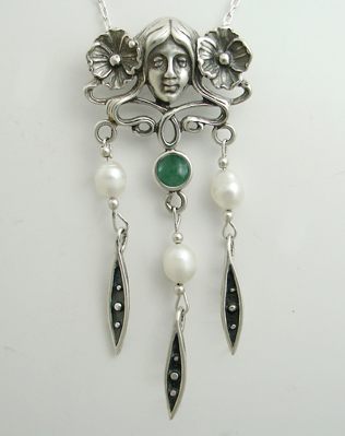 Sterling Silver Woman Maiden of the Garden Necklace With Jade And Cultured Freshwater Pearl